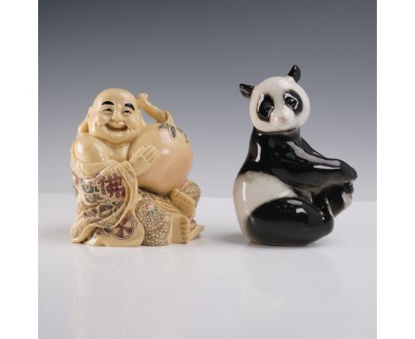 This lot includes two ceramic figurines: a black and white panda marked "Made in the USSR" and a seated Laughing Buddha holdi