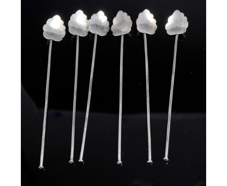 A striking 6-piece set of sterling silver drink stirrers, each topped with a frosted glass or stone leaf form and marked Ster