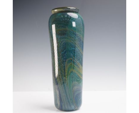 This striking studio art glass vase features a tall, cylindrical form with a subtly flared rim and rounded base. Rendered in 