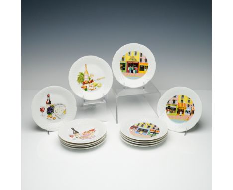 A vibrant and collectible set of 12 porcelain cocktail plates by Philippe Deshoulieres, renowned makers of fine Limoges porce