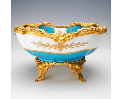 Exquisite Limoges France porcelain centerpiece bowl, featuring a hand-painted cobalt blue and white body adorned with delicat