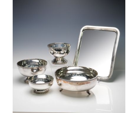 Elegant and refined Christofle silver-plated serving set in the Empire pattern, comprising five pieces including a rectangula