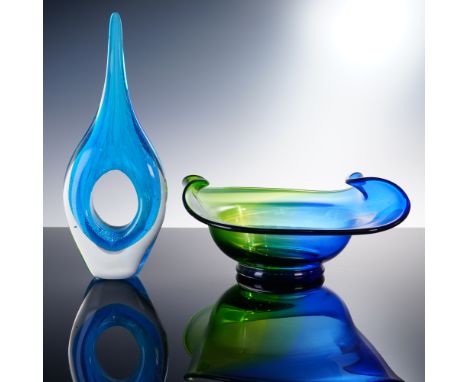 A vibrant two-piece lot of Murano-style hand-blown art glass, distinguished by its fluid sculptural form and layered colorwor