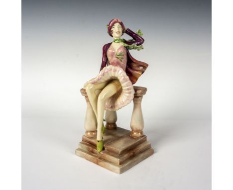 A hand painted glossy figure modeled as a seated lady holding onto her hat and dress. Signed Artist Original Proof By Valerie