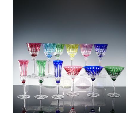 Collection of twelve Saint-Louis crystal stemware pieces from the Tommy pattern, featuring a vibrant array of colors and fine