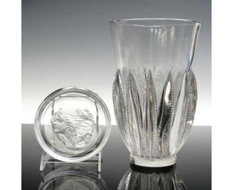 This 3-piece lot includes a signed Lalique France Gerardmer crystal vase and 2 unmarked round glass disesh with Art Nouveau-s
