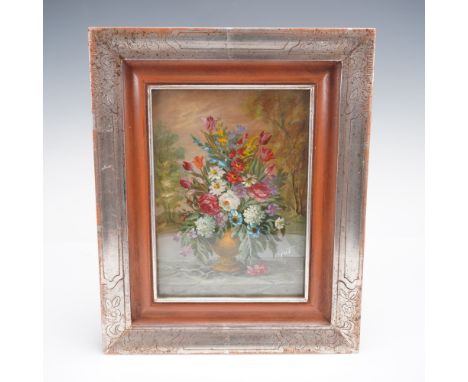 A charming still life oil painting on board depicting a lush bouquet of multicolored flowers arranged in a classical gold urn