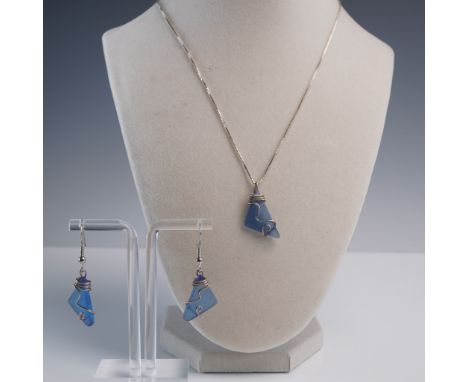 This 3-piece artisan-style jewelry set features frosted blue glass shards wrapped in whimsical silver-tone wire, including a 