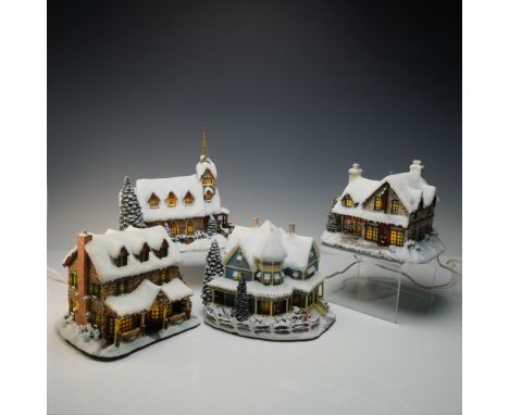 A charming collection of four illuminated resin village buildings from the Thomas Kinkade Hawthorne Village series, each ador