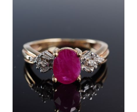 This elegant ring is crafted in 10K yellow gold and marked FTH 10K inside the band. At its center is a richly colored oval-cu
