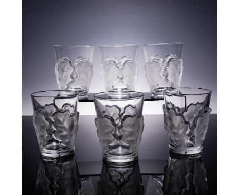 This is a set of six Lalique double old fashioned tumblers in the Chene pattern, crafted in clear and frosted crystal. Each t