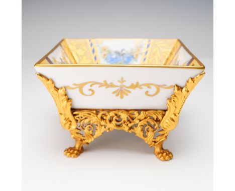 Elegant Limoges porcelain bowl, beautifully hand painted with a floral motif in rich shades of blue, green, and orange, frame