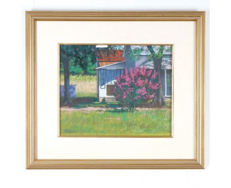 Original pastel on paper signed Kim Beck depicting a serene rural scene featuring a house with a red roof, partially hidden b