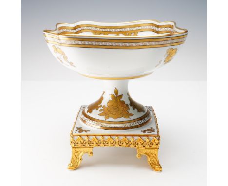 Elegant footed compote crafted from fine Limoges porcelain, featuring a scalloped bowl rim and slender pedestal stem, richly 