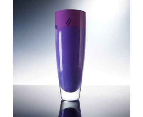 This striking studio art glass vase by Magdanz and Shapiro showcases an elegant cylindrical form with a vivid palette of laye