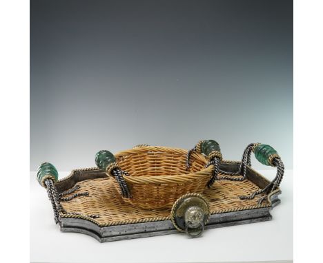 A handcrafted pair of woven wicker tray and basket featuring a blend of rustic craftmanship, made with silver toned metal, wr