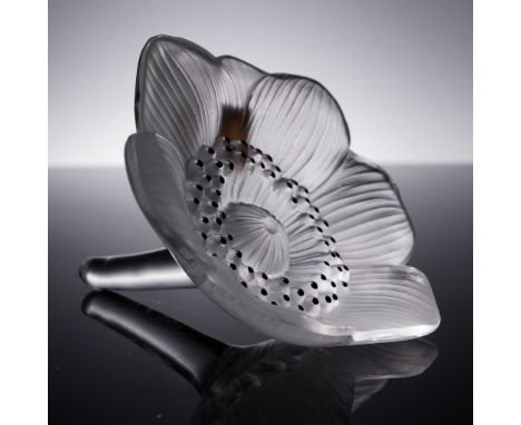 Clear and frosted crystal sculpture by Lalique France, crafted in the form of an anemone flower with a delicately ribbed peta