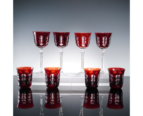 Set of eight Christofle crystal red barware pieces in the Kawali pattern. This collection includes four flat tumblers and fou