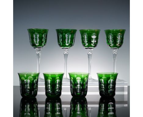 Set of eight emerald green crystal barware pieces from Christofle's Kawali collection. This lot includes four wine glasses fe