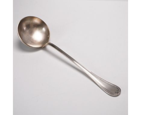 Silver-plated soup ladle by Christofle, part of the distinguished Malmaison collection, crafted in France. This piece showcas