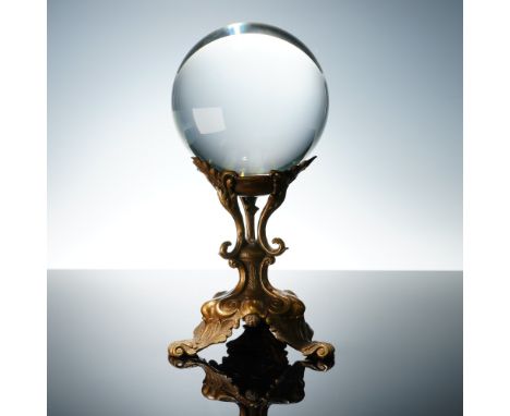 A mesmerizing crystal sphere and stand ensemble, perfect for decorative display, metaphysical intrigue, or theatrical interio