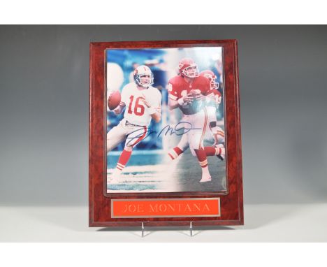 Framed and autographed Joe Montana photo plaque featuring an action shot of the legendary quarterback during his time with th