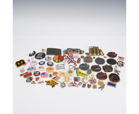 A robust and varied assortment of over 65 collectible pieces including lapel pins, campaign buttons, belt buckles, medallions