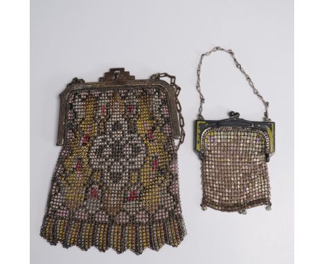 Two vintage coin purses decorated with metal patterns. the larger coin purse features an intricate multi color mesh pattern w