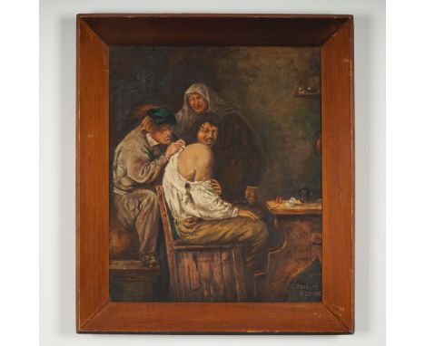 A compelling oil on canvas genre painting, signed E. Cohen and dated 7 DIC 59 (December 7, 1959) at lower right. This vividly