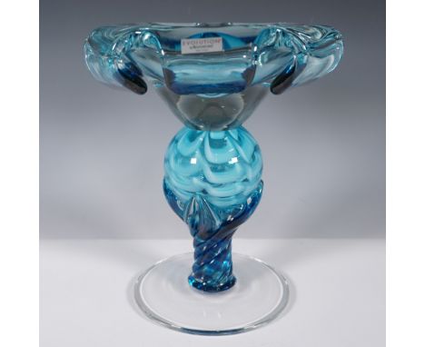 Striking Evolution by Waterford crystal pedestal centerpiece bowl, featuring a vibrant blue color with swirling patterns and 