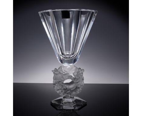 This exquisite Lalique crystal vase, known as the Large Mesanges, showcases a flared, clear crystal body elegantly supported 