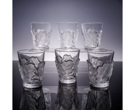 Set of six Lalique crystal tumblers in the Chene pattern, featuring a bold wraparound design of frosted oak leaves in high re