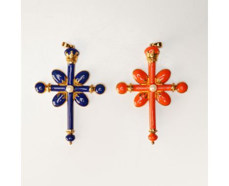 Pair of ornate cross-form pendants designed by Hutton Wilkinson, one in cobalt blue enamel and the other in coral-colored ena