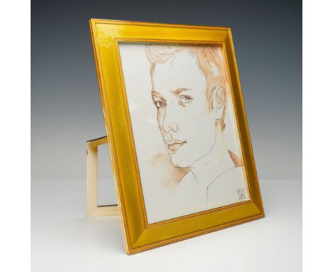 Rectangular picture frame by Jay Strongwater featuring a gold-toned enamel surface with a guilloche-style texture and silver-