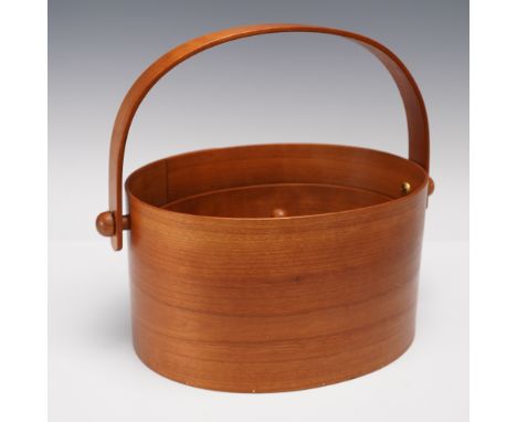 Finely crafted bentwood bucket or carrier in the Shaker style, featuring gently tapered sides and traditional swallowtail fin