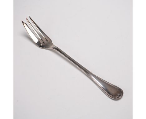 Silver-plated serving fork from Christofle's renowned Malmaison collection, crafted in France. This neoclassical piece featur