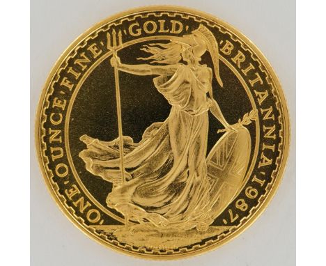 1987 Great Britain 1 ounce gold Britannia coin presented in a sealed protective slab. The obverse features a right-facing por