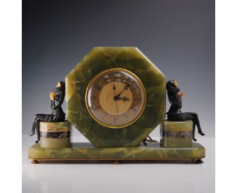 Art Deco Whitehall Hammond mantel clock with synchronous electric movement, housed in a striking green and black onyx octagon