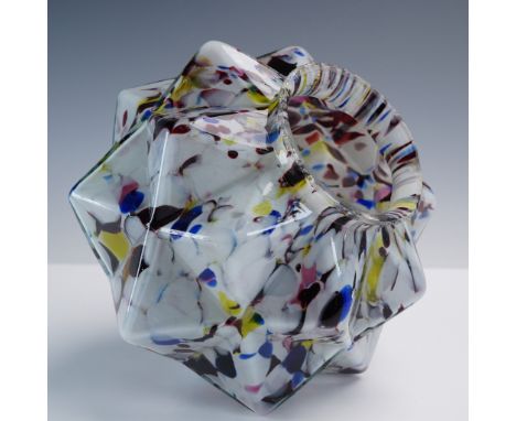 This striking hand blown art glass light shade features a bold, starburst-like form with a flared rim and rich multicolor spa