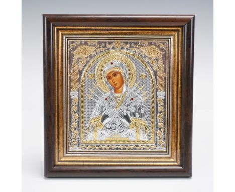 A finely detailed Byzantine-style Orthodox icon plaque depicting the Virgin Mary in the revered image of the "Softener of Evi