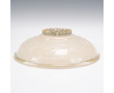 This plafoniere-style ceiling light shade features a frosted glass dome adorned with raised ivy and star motifs, paired with 