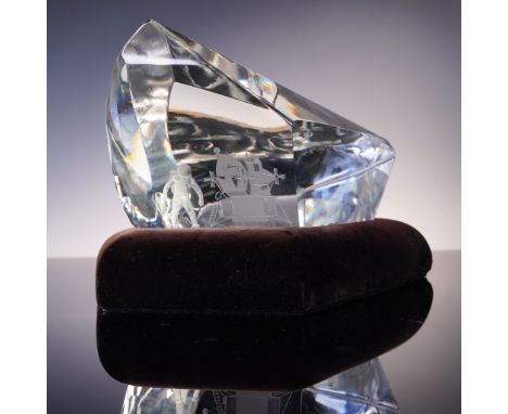Limited edition crystal sculpture by Hadeland of Norway commemorating the Apollo 11 moon landing on July 20, 1969. Features a