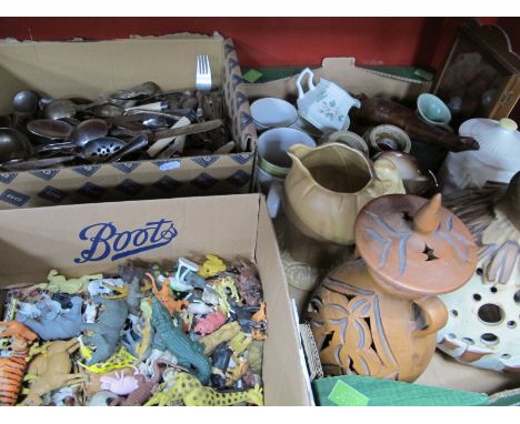 Shell Pottery Lamp, Sylvac, Denby other ceramics, cutlery, nutcracker, plastic animals:- Three Boxes.