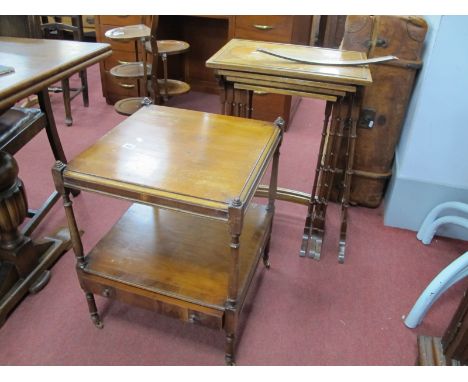A Mahogany and Satinwood Nest of Four Tables, together with A two tier lamp table, with a single drawer. (2).