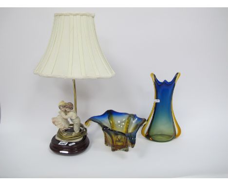 Bohemian Blue and Yellow Glass Vase, on six star base, an elliptical example, Bruno Merli lamp. (3).