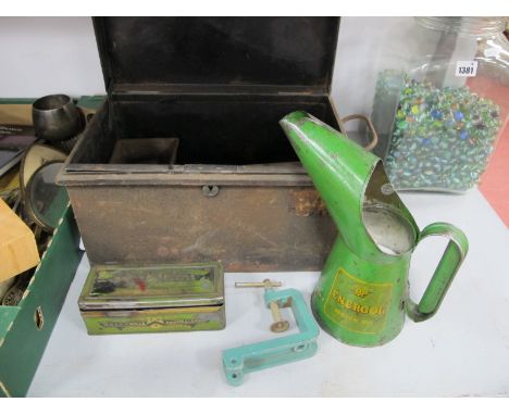 Taps and Dies, clamps, BP motor oil can, etc, in metal box.