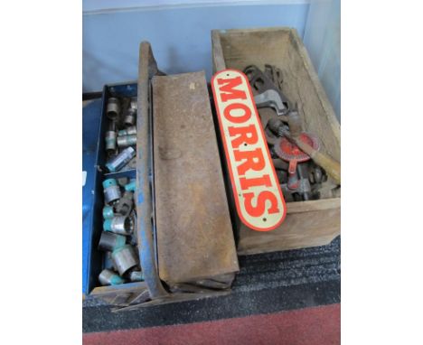 Socket Sets, spanners, drill, Britox G clamp, other tools, Morris sign, etc in metal carry case and crate.