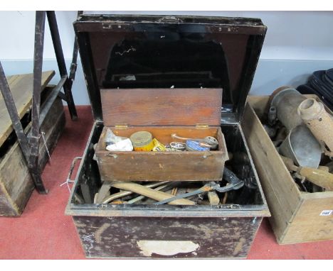 Draper Saw, axe, drill, other tools in Holmes &amp; Son of London black metal box. 