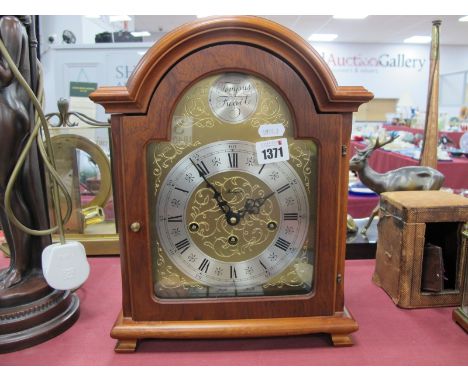 'W Haid West Germany' Walnut Cased Tempus Fugit Mantel Clock, with arched top, silver chapter ring and Roman numerals, on oge