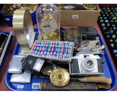 Cutlery, Agfa camera, mantle clocks, cigarette case, etc:- One Tray.